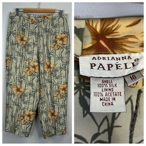 Adrianna Papell Floral Silk Pants Womens 16 Beaded Lined Tropical Travel Hawaii